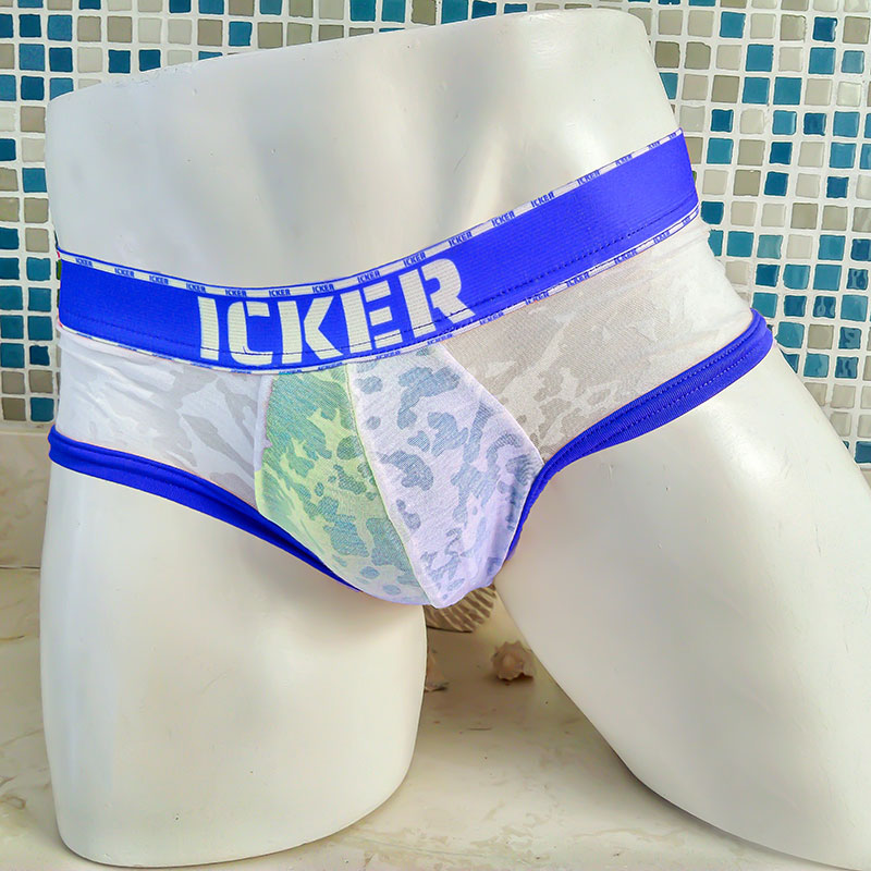 Icker sea acid mesh piping brief underwear royal blue with white and blue lace trim and bold icker logo waistband