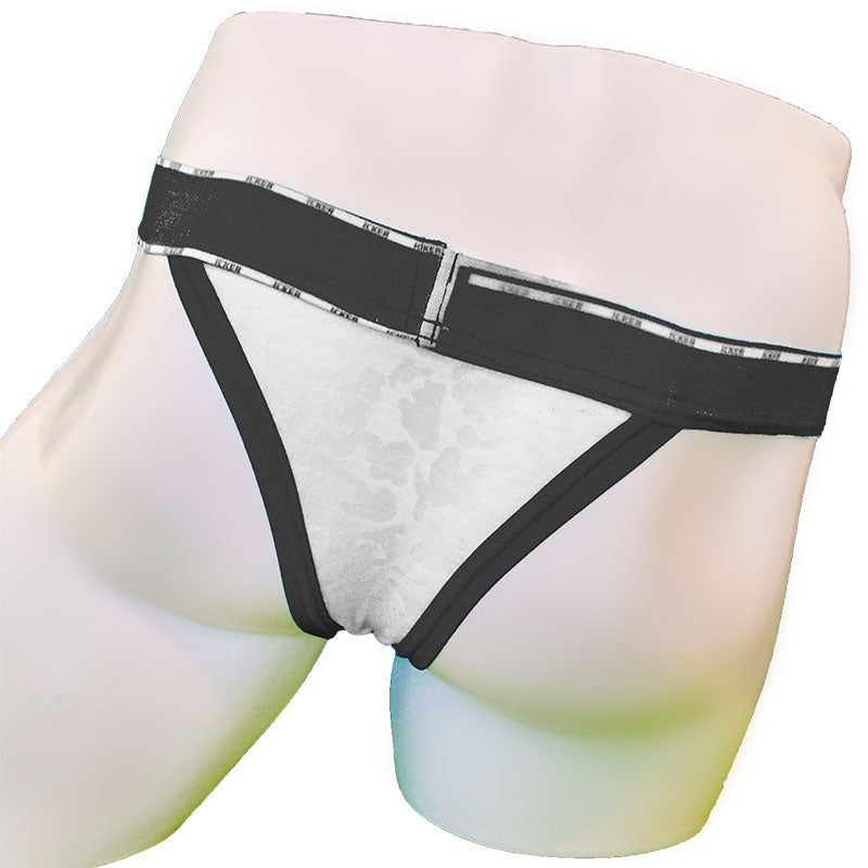 Black and white patterned cheeky tanga bikini underwear with acid mesh piping and branded waistband by icker sea