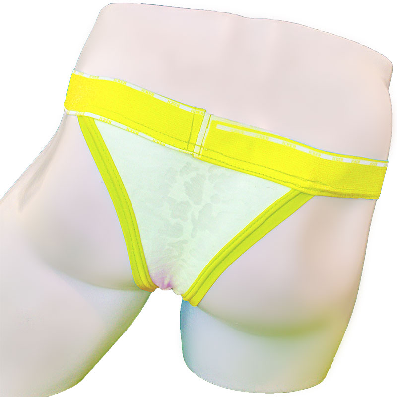 Bright yellow-trimmed sheer white lace thong with subtle pattern from Icker Sea acid mesh cheeky tanga bikini underwear mango