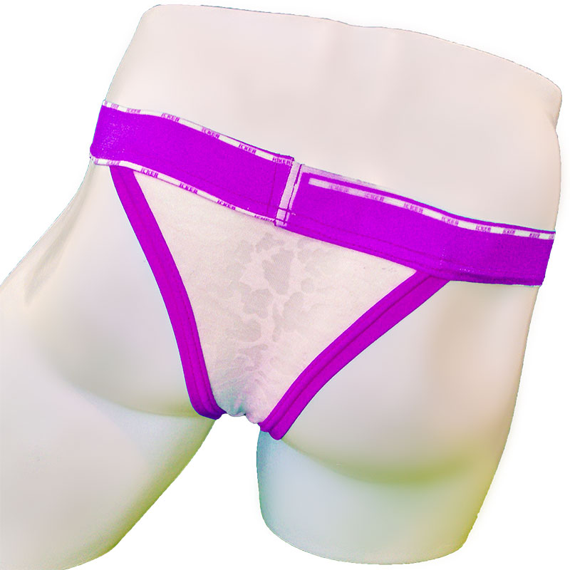 Icker Sea Acid Mesh piping cheeky tanga bikini purple briefs with sheer patterned front panel and elastic waistband