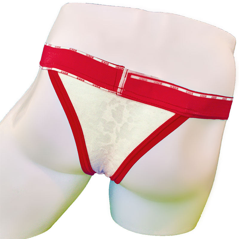 Red and white lace-trimmed Icker Sea acid mesh piping cheeky tanga bikini underwear with bold red waistband text