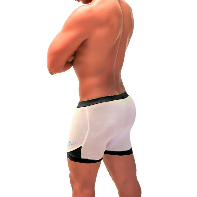 White athletic briefs with black trim and subtle blue logo made from mesh contrast fabric by icker sea for sports use