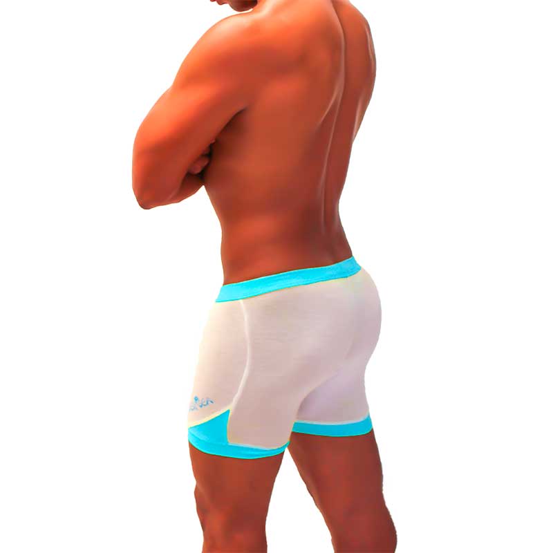 White athletic mesh shorts with bright turquoise trim and small logo on left thigh from icker sea blue shr-22-01
