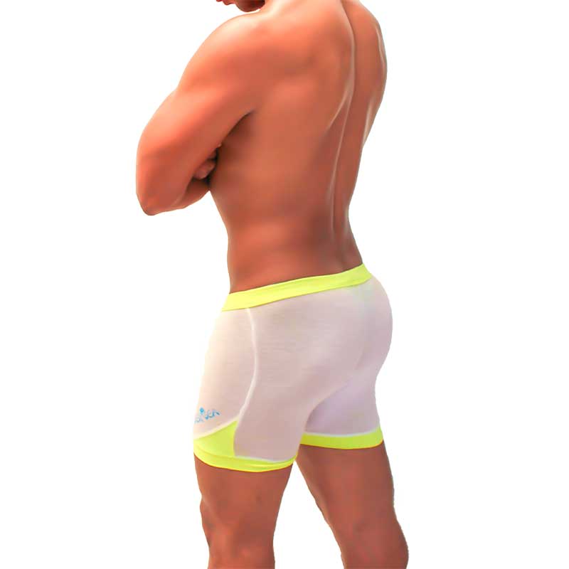 Icker Sea athletic mesh shorts in white with neon yellow trim and a blue logo on the left thigh for sports use