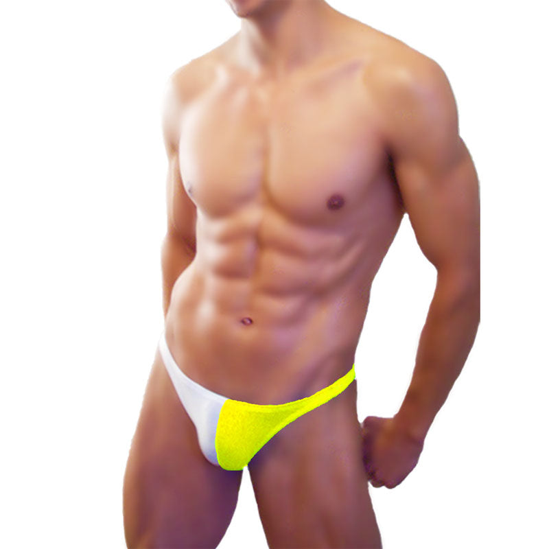 Bright neon yellow and white two-tone icker sea bicolor thong swimwear designed for swimming and beachwear