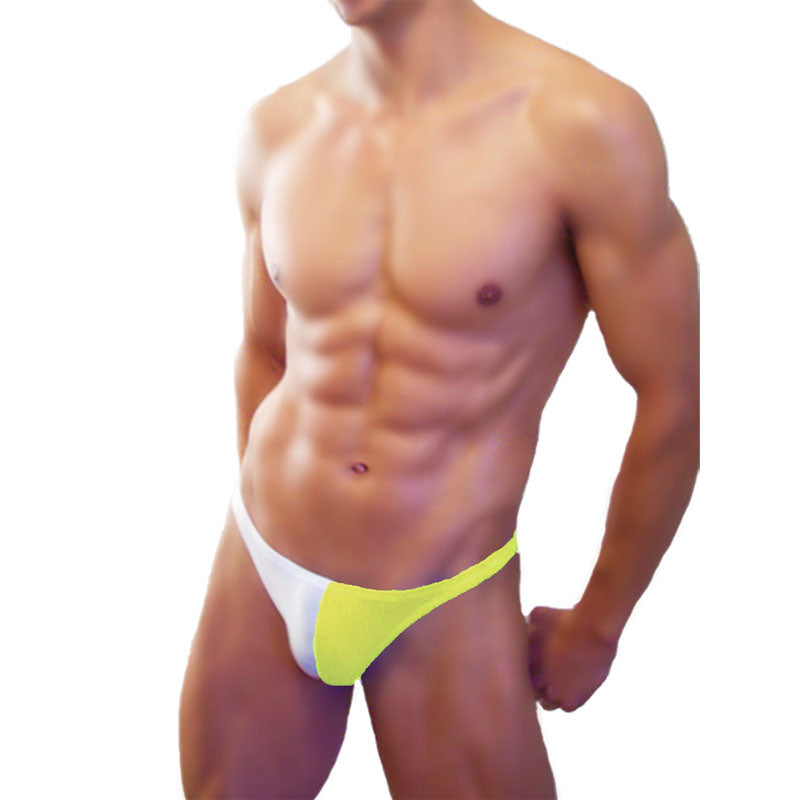 Icker Sea bicolor thong swimwear in bright neon yellow and white two-tone design ideal for beach use