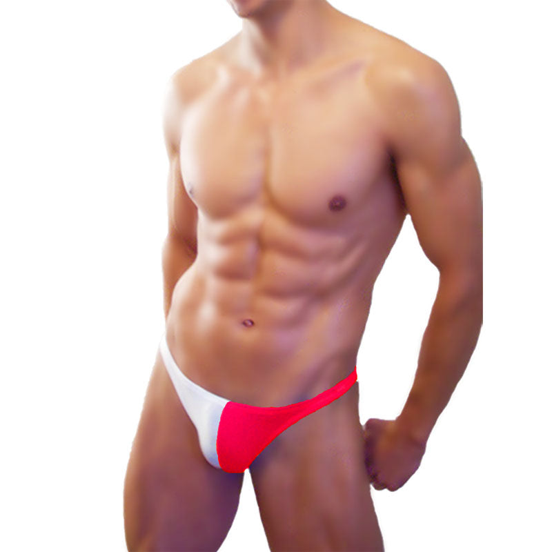 A vibrant red and white icker sea bicolor thong swimwear with a sleek form-fitting athletic brief design