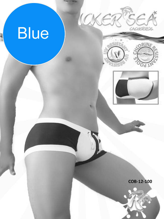 Icker Sea Chess duotone square cut swim trunks in blue white with black side panels and drawstring waistband