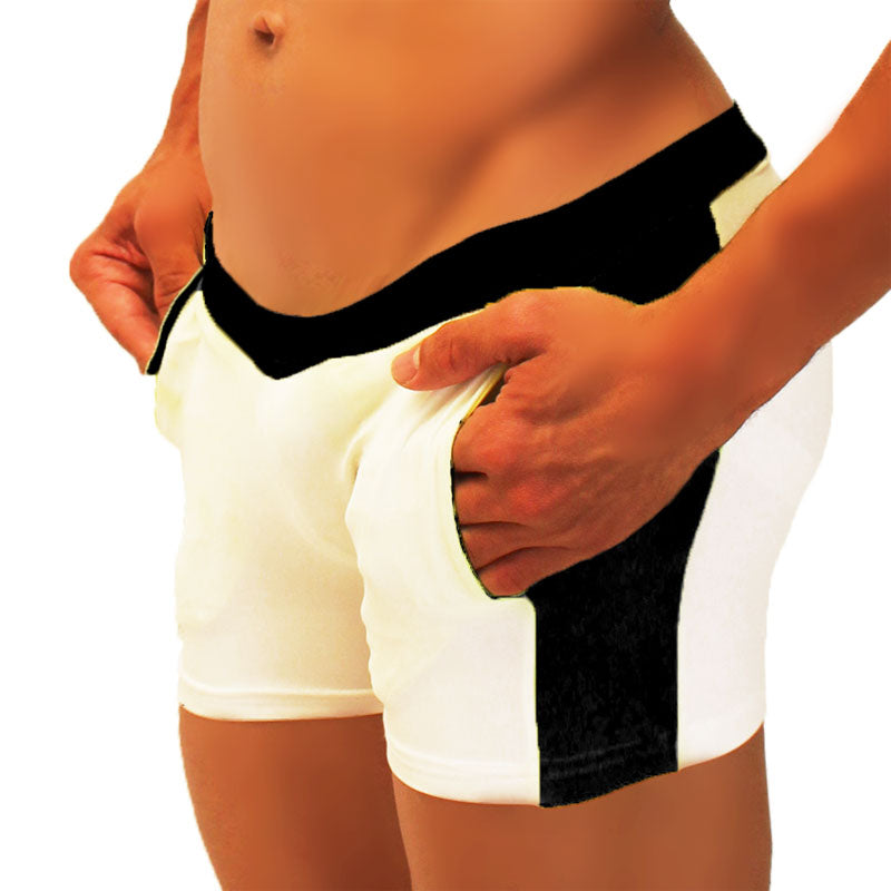 Black and white icker sea contrast side panel jock shorts with contrasting waistband for athletic use