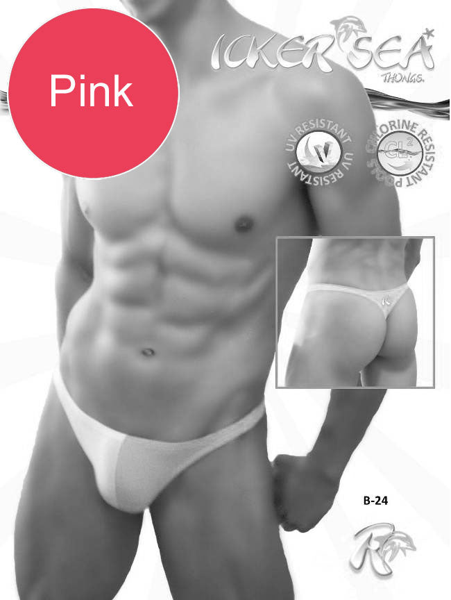Pink icker sea duotone thong swimwear showing back minimalist design in pink and white for men