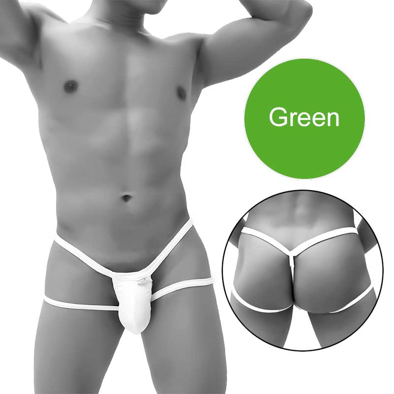 White thong underwear with green color label from icker sea enhancement micro jock thong strap collection