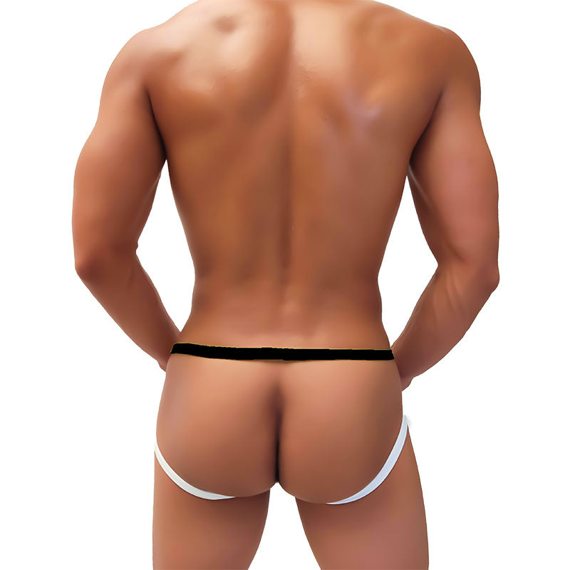 Black and white mesh jock strap underwear with narrow waistband and wide leg straps from icker sea fruitful enhancement