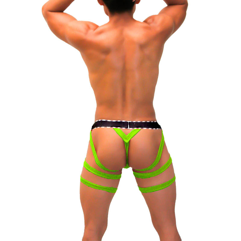 Bright neon green high-waisted strappy harness style garter y back g string underwear with black waistband and white stitching
