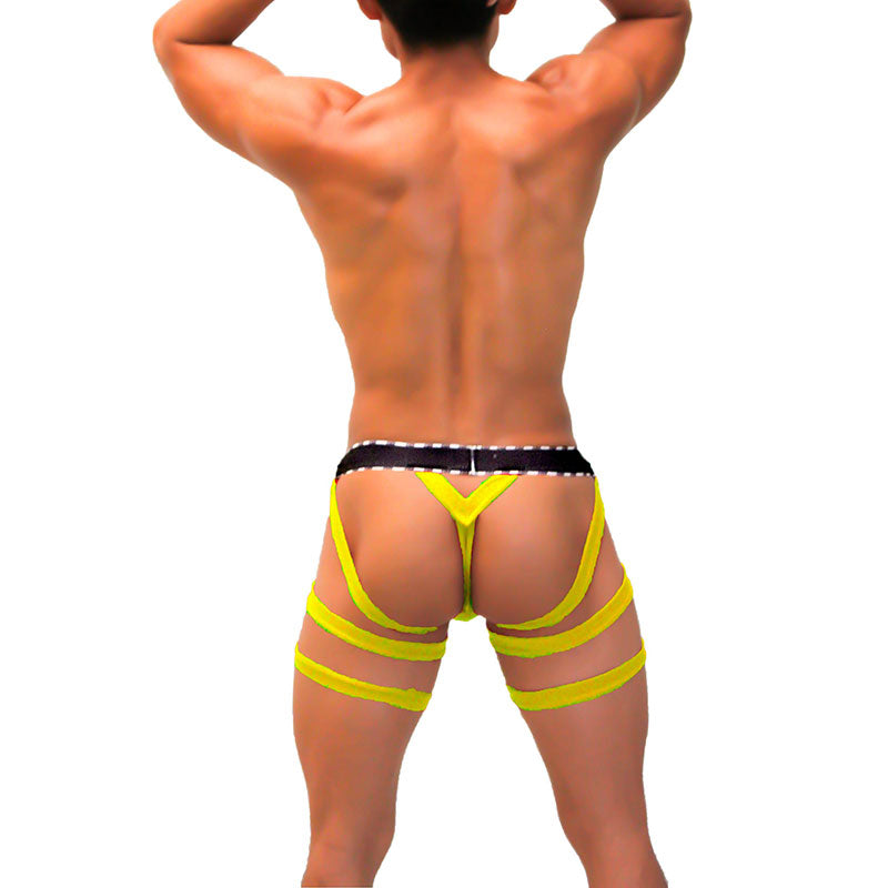 Icker sea garter y back g string underwear in bright yellow high-cut fabric with black polka dot waistband shown from back