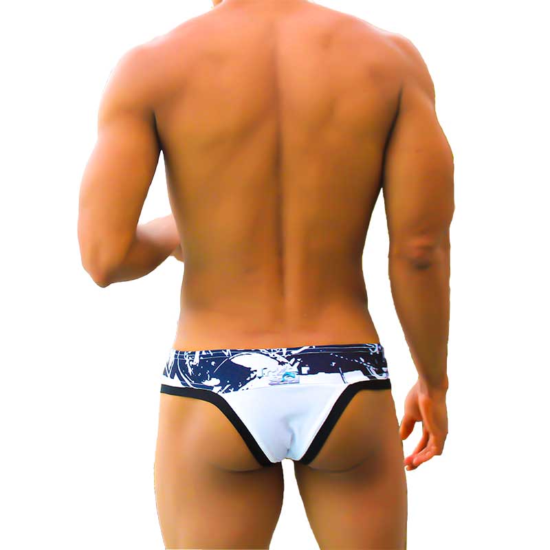 Icker Sea graffiti macro contrast trim thong swimwear in white and black with a white and navy blue patterned swim trunk design