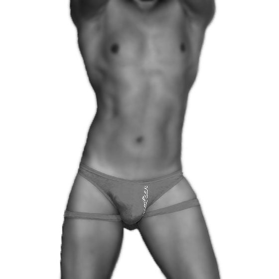 Black and white digital rendering of man wearing purple icker sea jock thong underwear with thin side straps back view