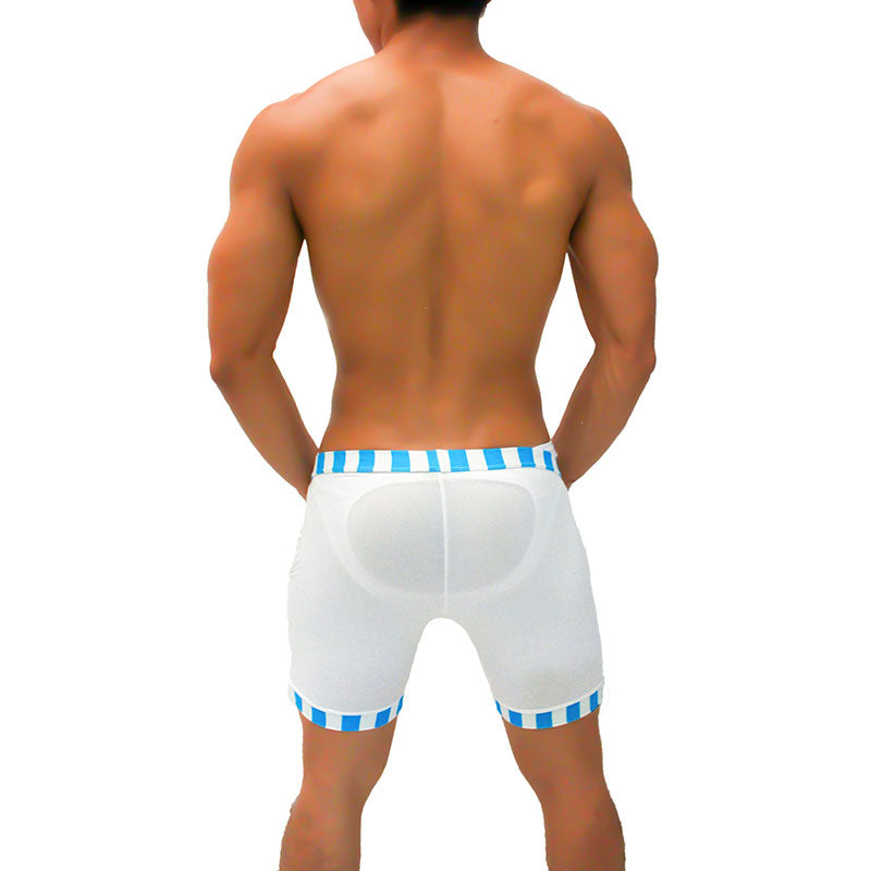 White athletic shorts with blue and white striped elastic waistband and hem featuring padded back panel view