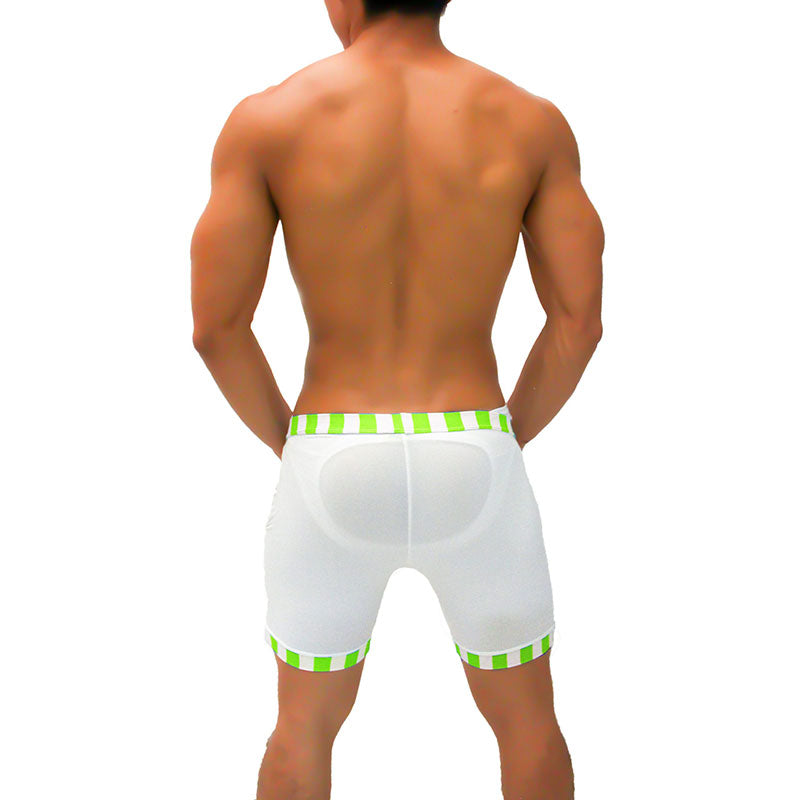 White athletic shorts with lime green and white striped waistband and hem translucent mesh and padded back panel