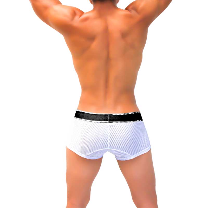 White mesh boxer briefs with black elastic waistband from icker sea featuring breathable contrast mesh fabric