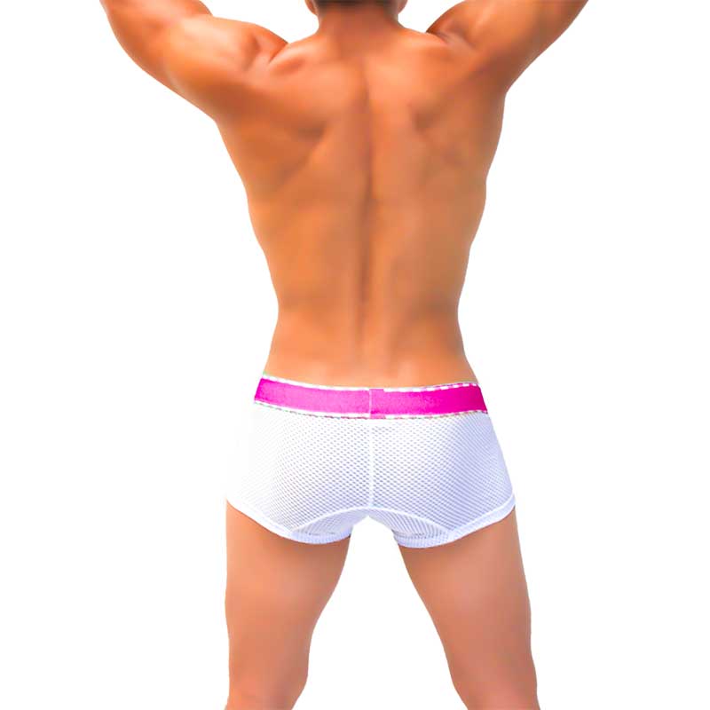 Icker Sea mesh contrast boxer brief underwear with white mesh and vibrant fuchsia pink waistband COI-22-04