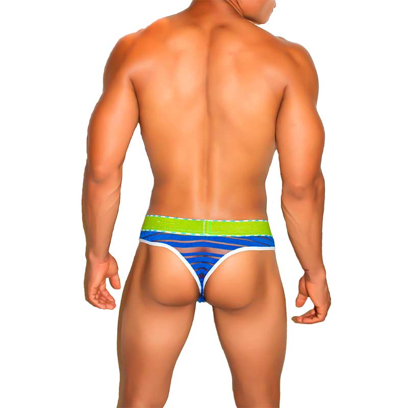 Icker Sea mesh stripe thong underwear in blue with green stripes and white trim made of breathable mesh fabric