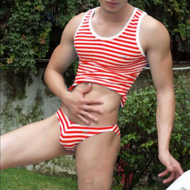 Icker sea sailor stripe matching tank top and briefs set in red with white horizontal stripes and classic design
