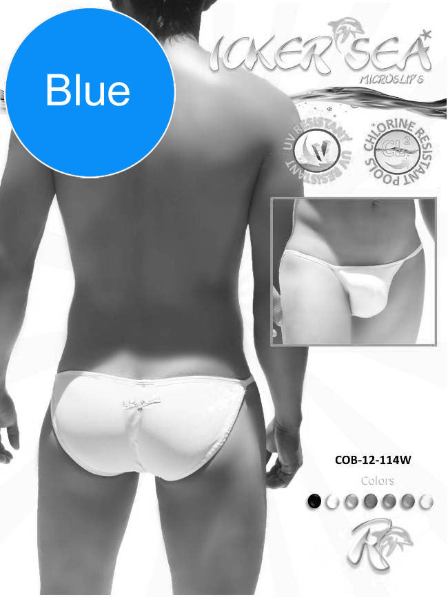 White micro slip bikini swimwear with a sleek form-fitting design lace trim and icker sea logo on the back
