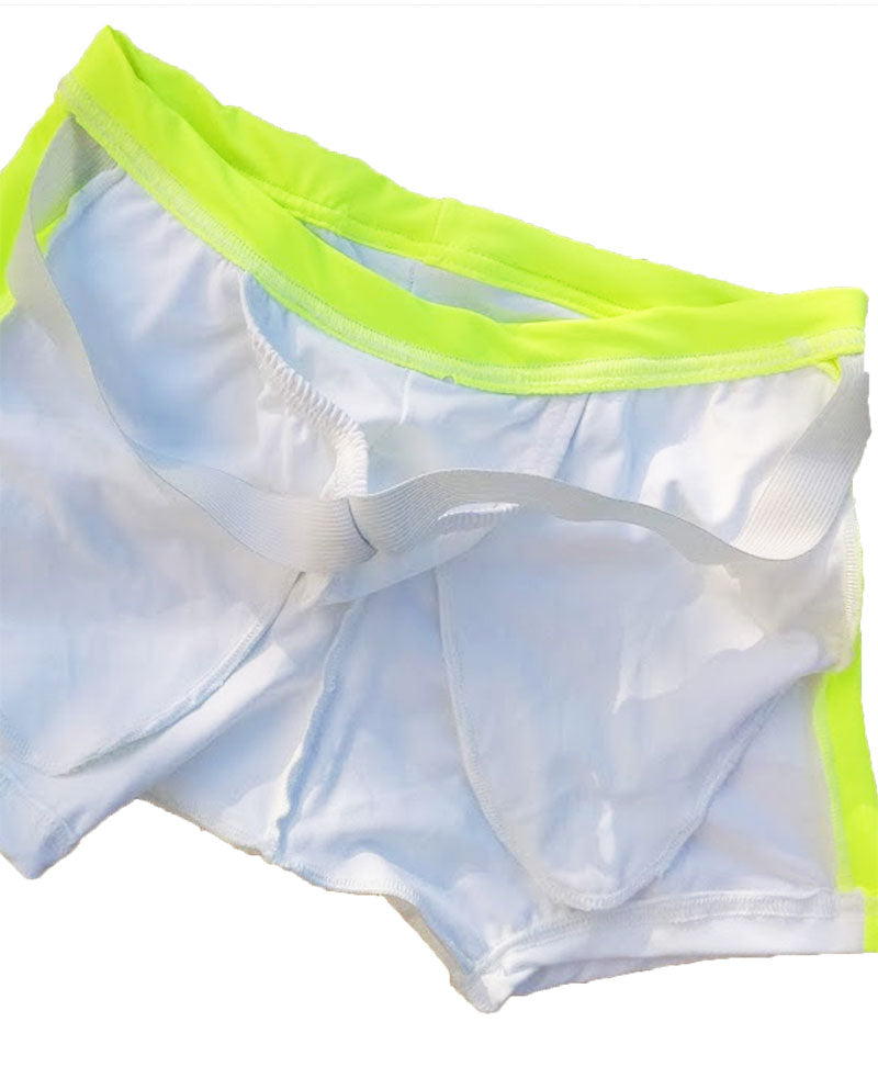 Icker Sea steel lines white mesh boxer briefs with bright neon green elastic waistband and side trim for swimwear