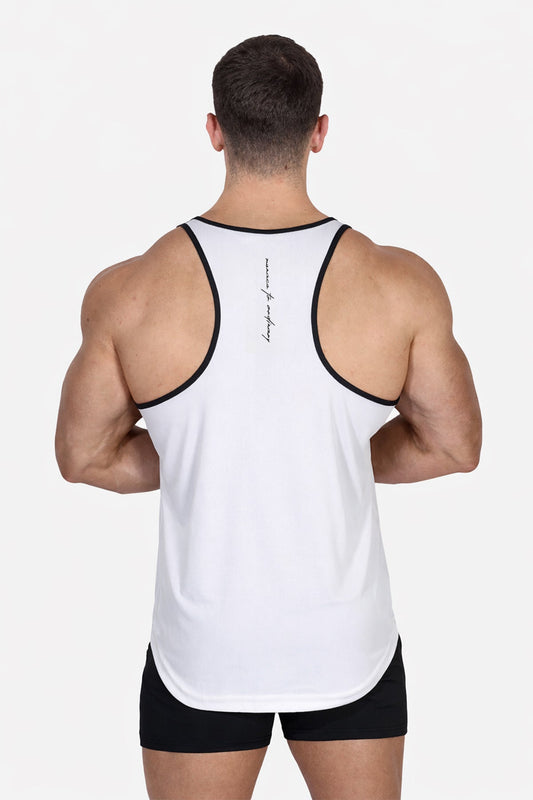 Jed North Men's Fast-Dry Bodybuilding Workout Stringer - White w/ Navy Menace