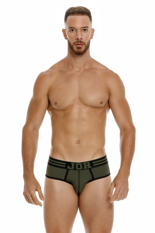 Olive green jor 1944 college briefs with black trim and bold branded waistband for comfortable support