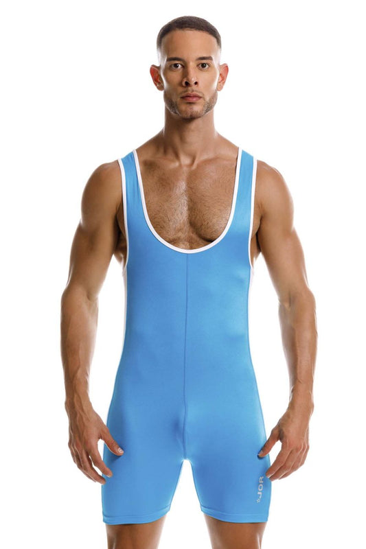 Light blue wrestling singlet with white trim and subtle brand logo on lower leg jor 2216 fighter bodysuit turquoise