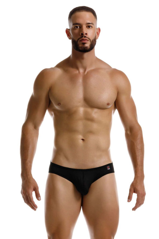 Black jor 2242 origin thongs with a small red and white logo on the waistband showing front side details