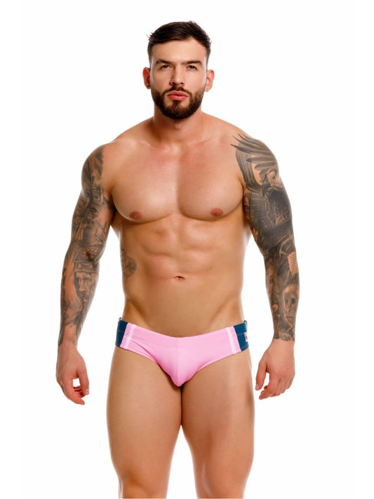Pink jor 2384 wind swim briefs with navy blue side panels designed for comfortable swimming and quick drying