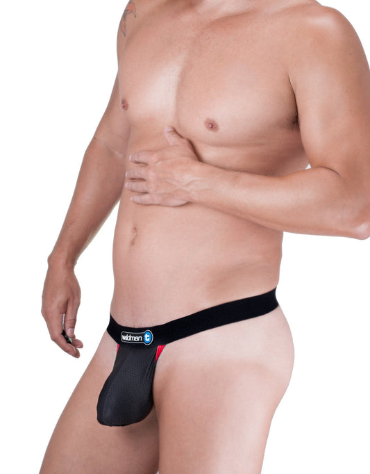 WildmanT strapless black mesh jockstrap with red contrast trim and brand logo on the waistband.