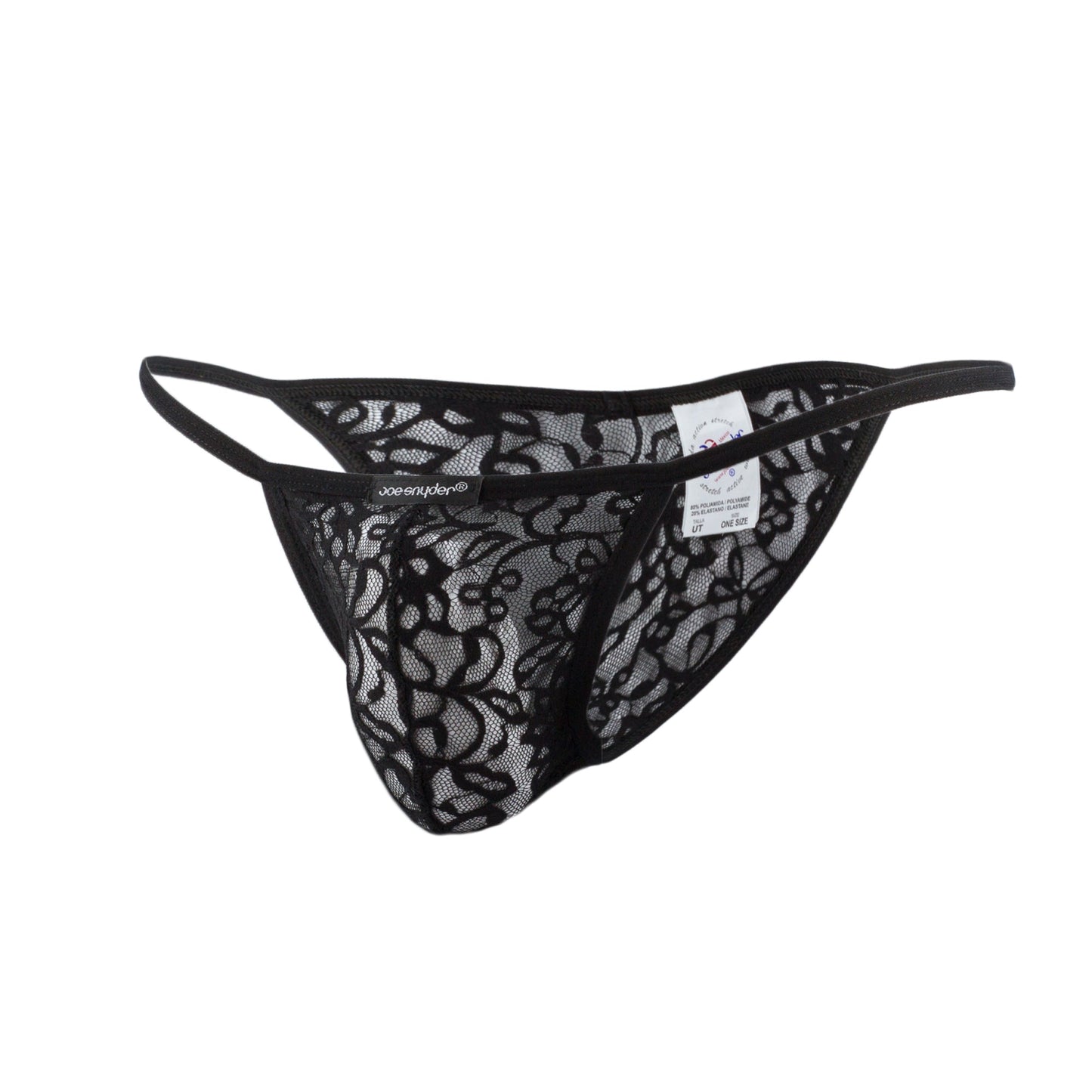 Black lace thong joe snyder kini with intricate floral patterns and thin elastic waistband shown from the back