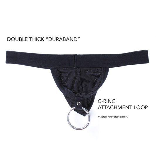 Black strapless mesh jockstrap with a double-thick Duraband and a C-ring attachment loop.