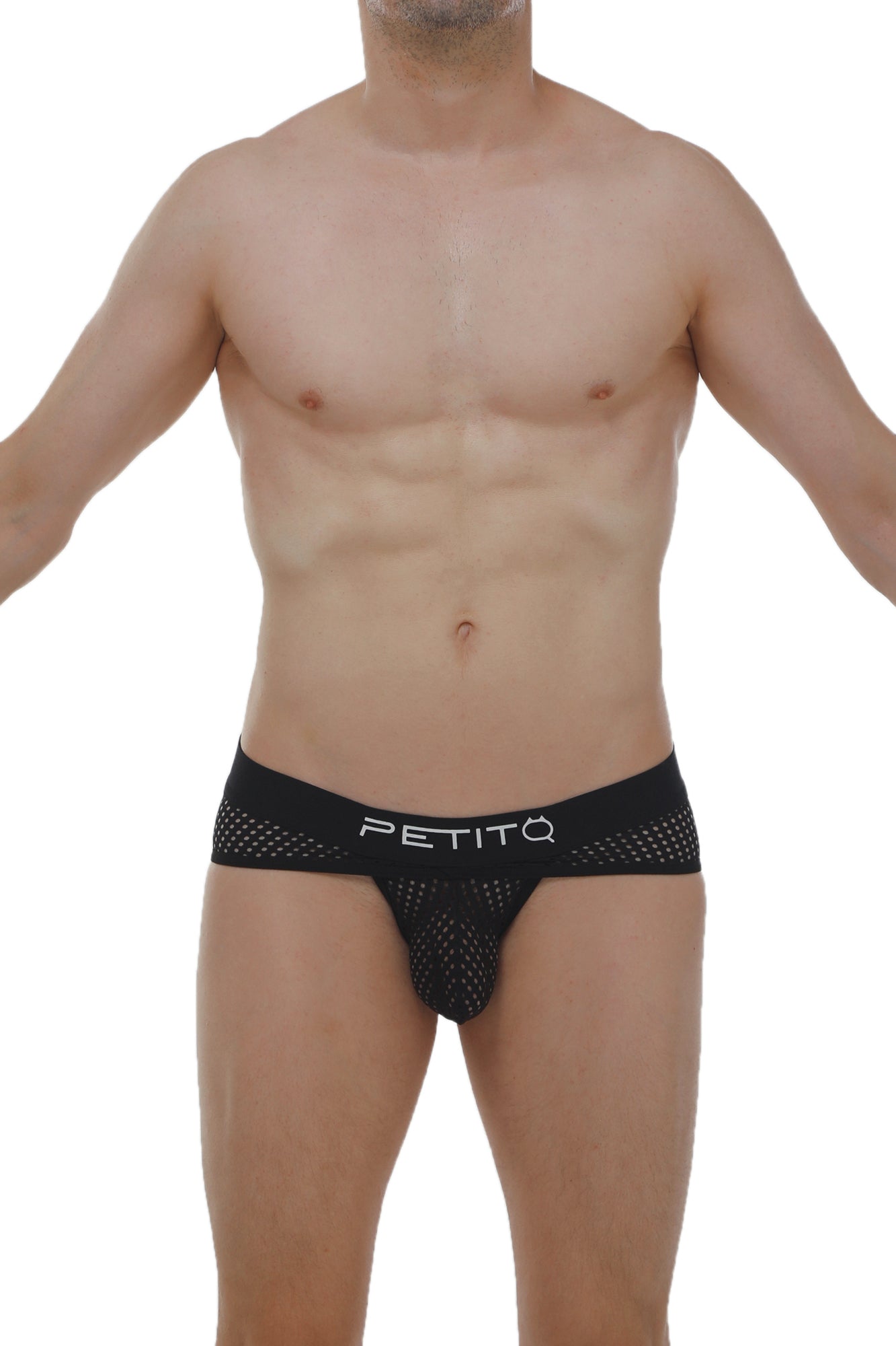 Black mesh jockstrap briefs with perforated design and petitô logo on waistband in cairanne durtol black color