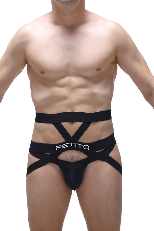 Black petitq men’s strappy briefs jockstring bustic with bold crisscross design for edgy and comfortable wear