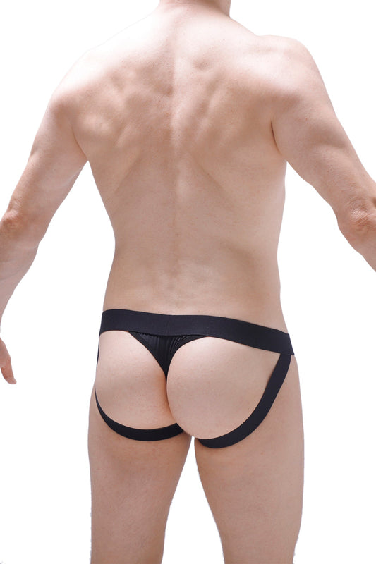 Black high-waisted jockstring open cockring briefs with sleek smooth texture and supportive elastic waistband