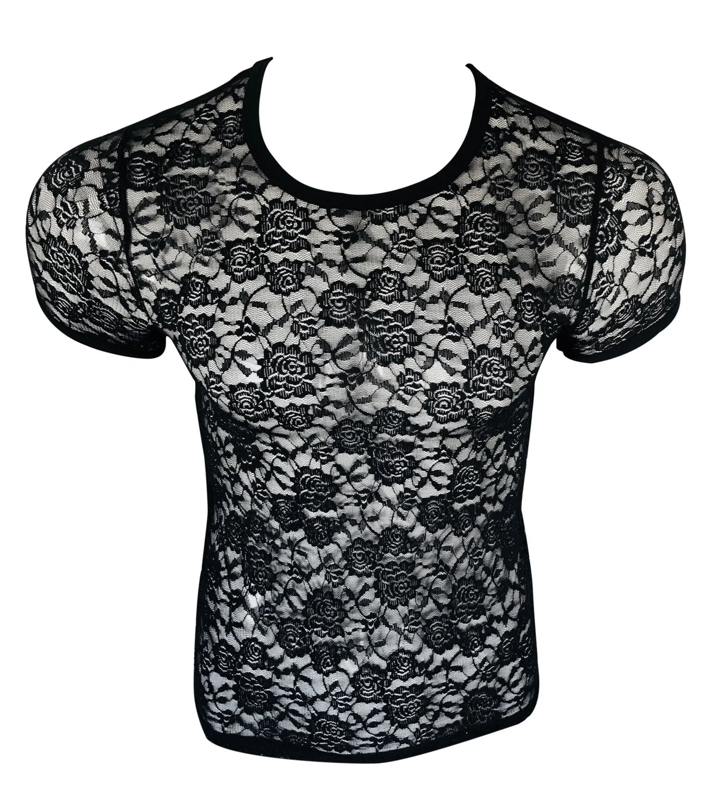 Black lace tee with floral pattern and short sleeves made of delicate lace fabric for stylish casual wear