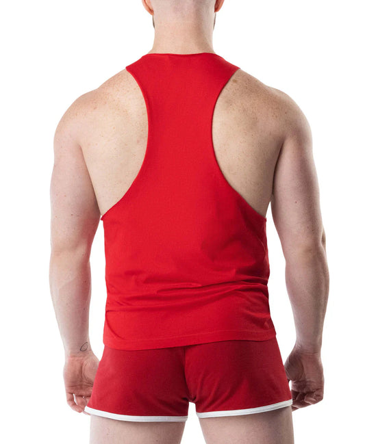 Red lift club skank tank top athletic style with white trim along hem and armholes for activewear use