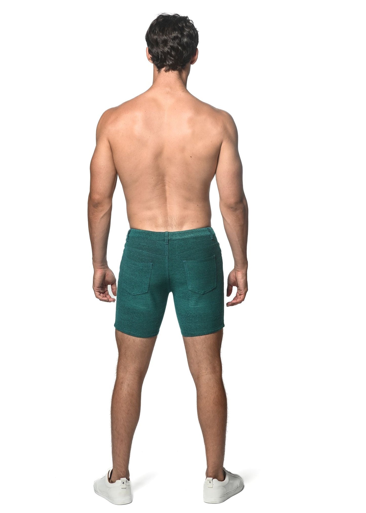 Dark green denim loopback stretch knit shorts with classic five-pocket design for casual wear