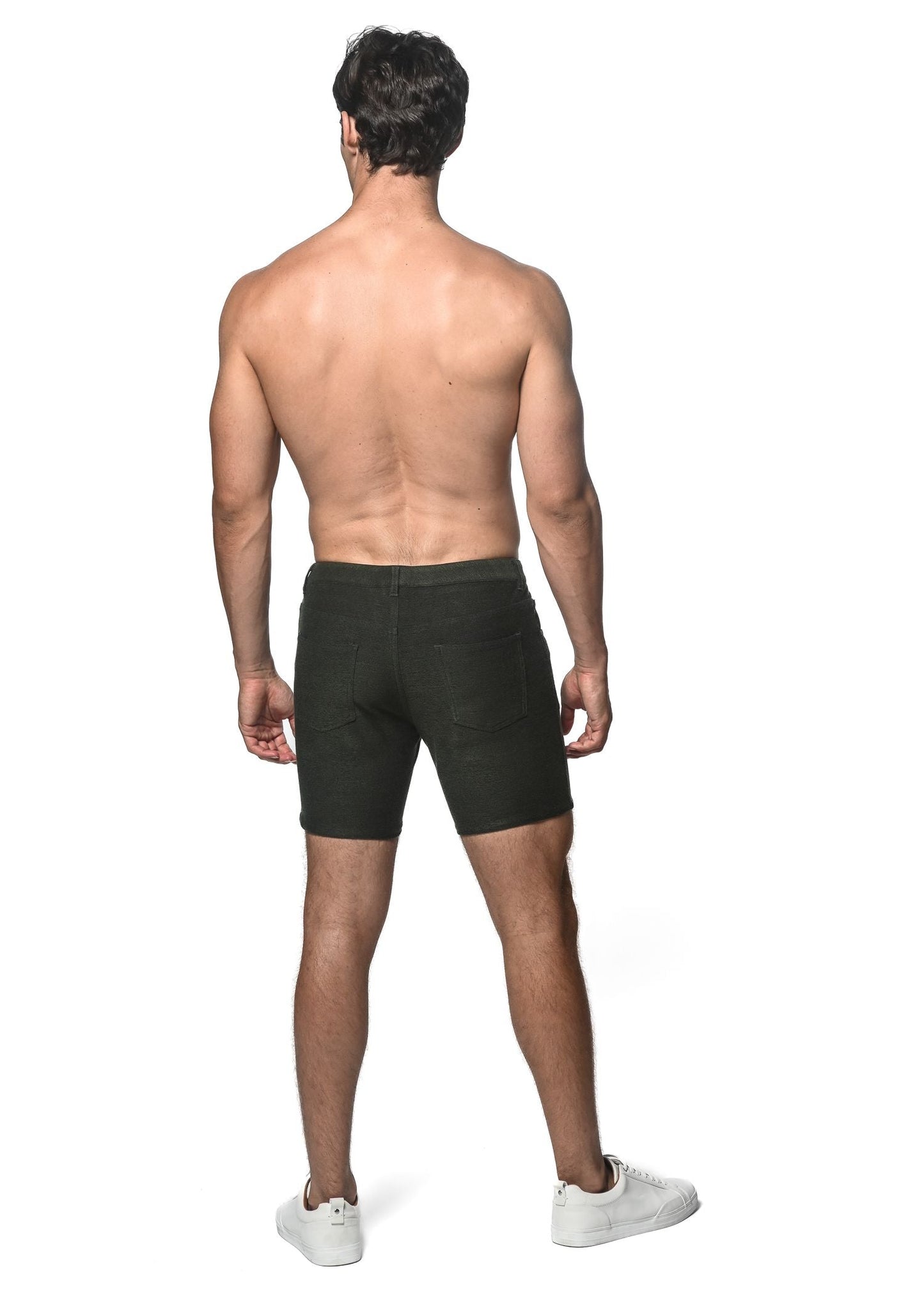Dark green loopback stretch knit short boxer briefs with a smooth fabric finish and form-fitting design