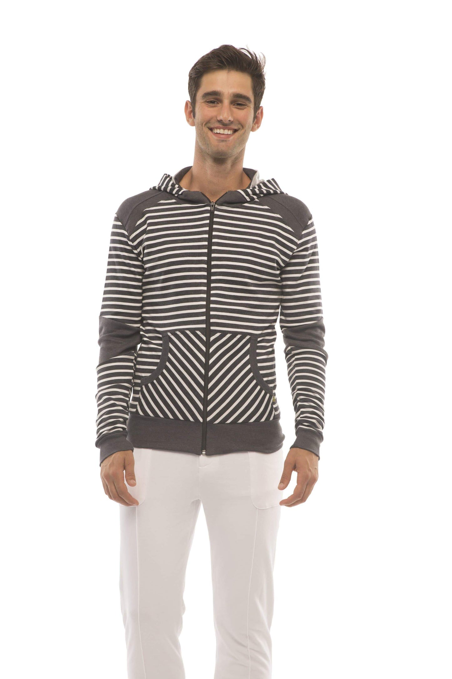 Limited edition men’s charcoal form-fit crossover yoga track fleece hoodie with black and white stripes and dark gray panels
