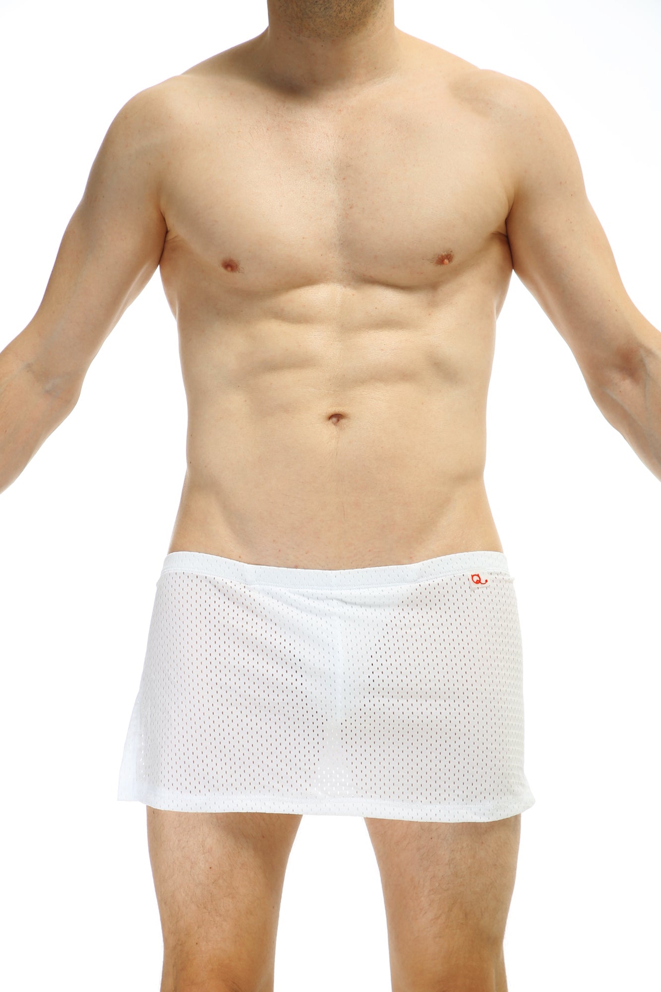 White mesh briefs loincloth bee white with jockstrap featuring a subtle red logo on the waistband