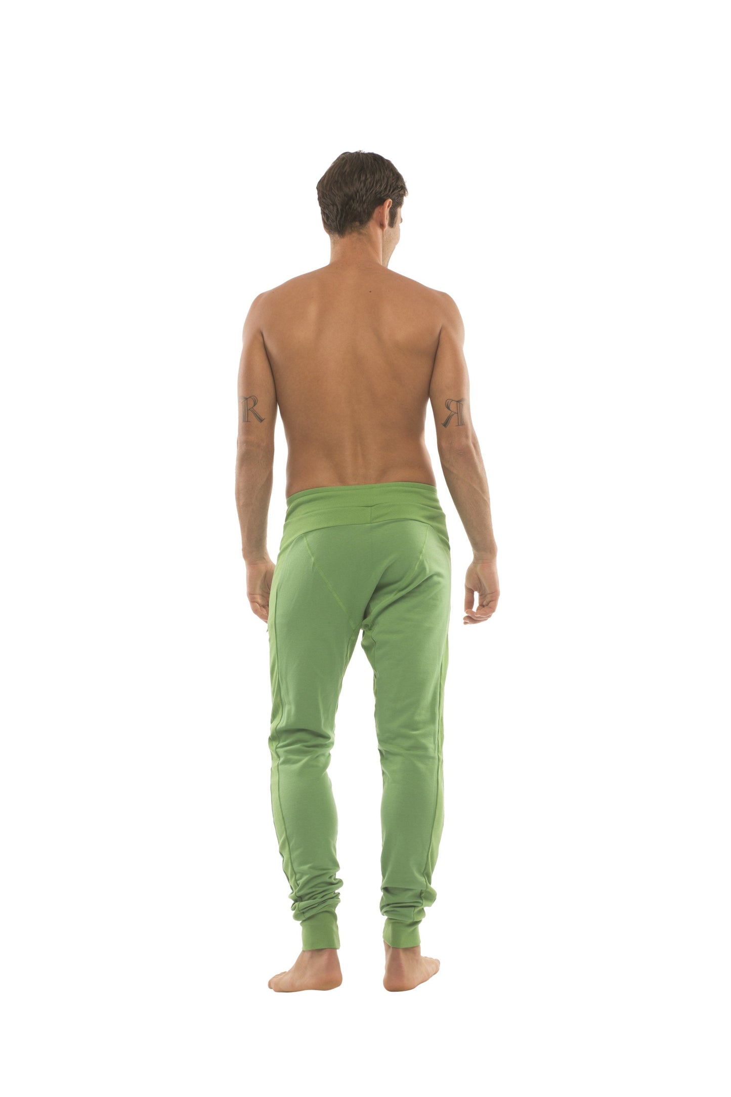 Long cuffed jogger and yoga sweat pants in bamboo green with a snug fit and cuffed ankles
