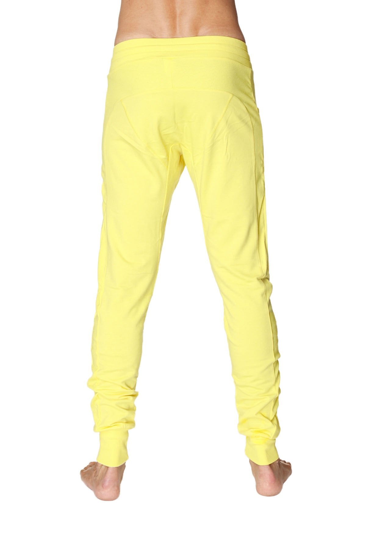 Long cuffed jogger and yoga sweat pants in bright tropic yellow with soft fabric and ruched cuffs for a relaxed fit