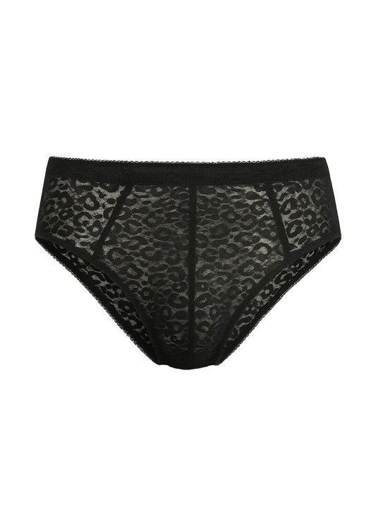 Black leopard-print lace briefs with solid black waistband luxury lace brief front view
