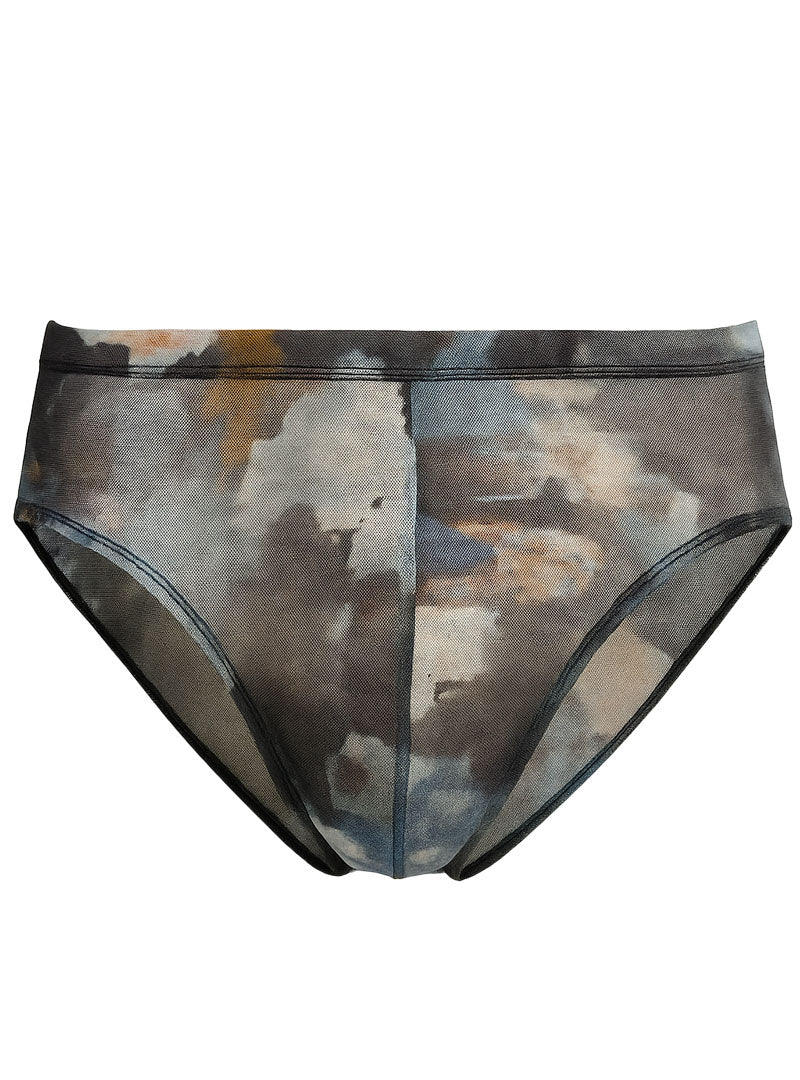 Luxury lace brief translucent mesh with abstract watercolor print in muted grays blues earthy tones and black trim