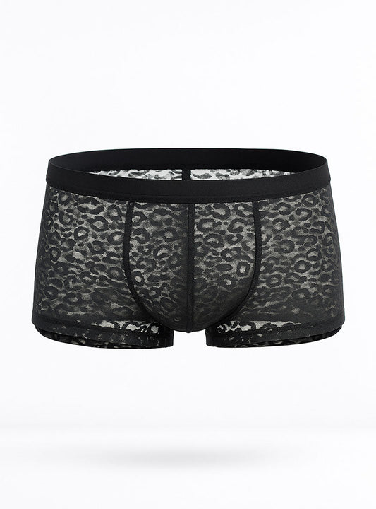 Black lace boxer briefs with subtle leopard print pattern in a luxury lace trunk design for stylish comfort